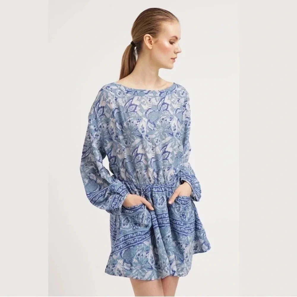 FREE PEOPLE Bohemian Mini Dress Silver Sun‎ Cutout Blue Washed Pockets, Medium